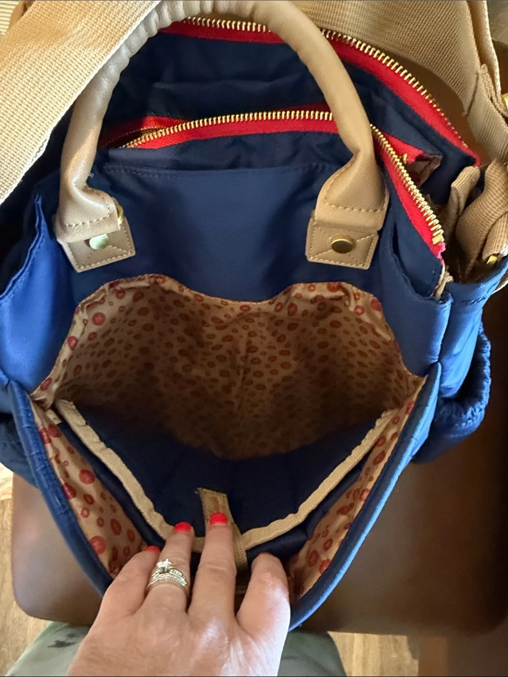 JoJo Maman Bebe Navy Quilted Tote with Beige Straps and Red Zip Accent